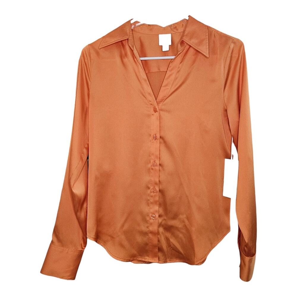 NEW Women's Worthington Satin Long Sleeve Button-Down Shirt in Orange (Size: XS)